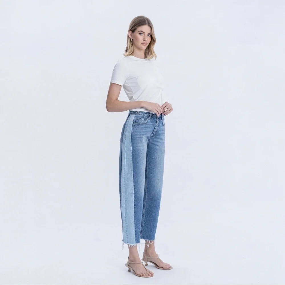 Flying Monkey High Rise Two Tone Barrel Leg Jeans - Picture 2 of 9
